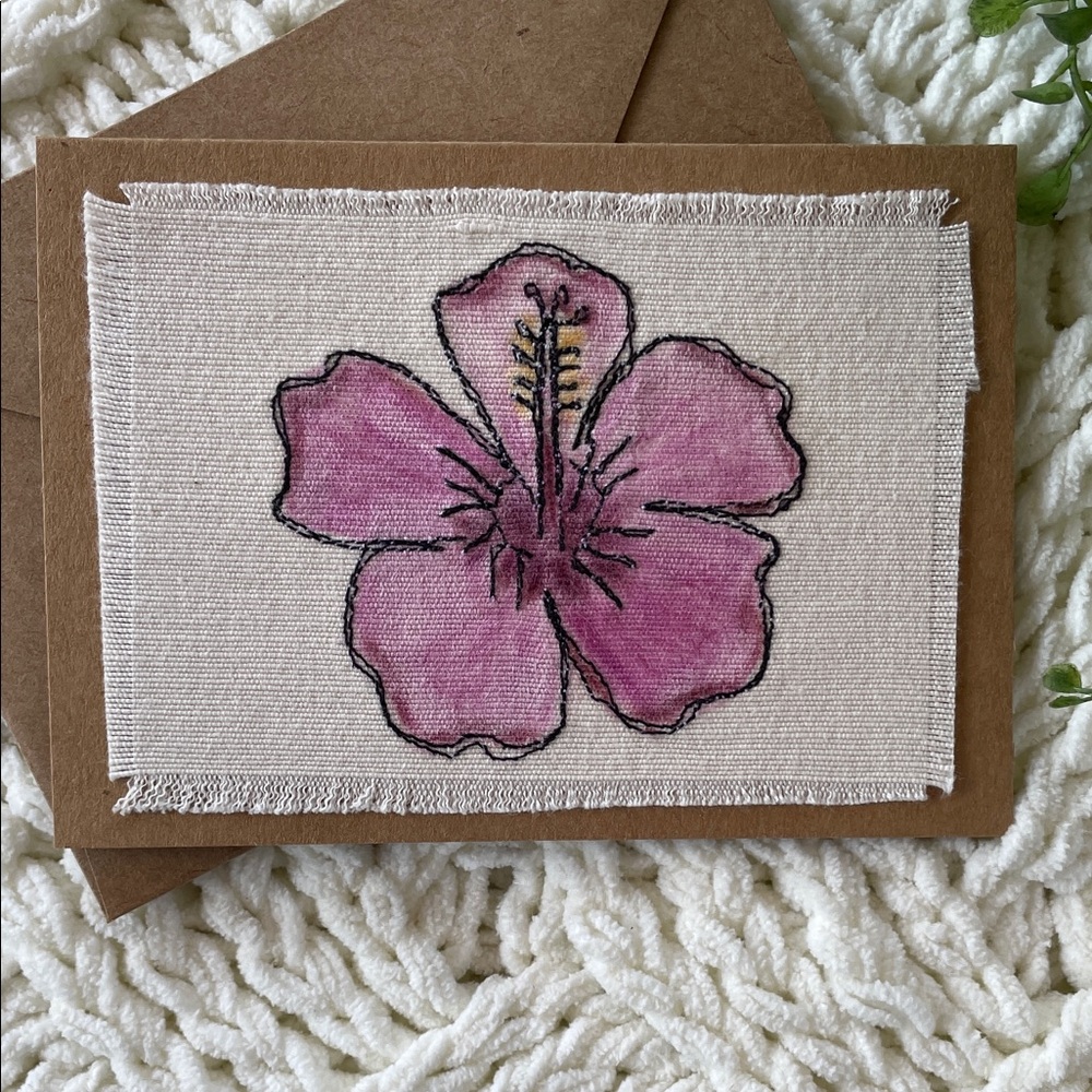 Handcrafted Hibiscus Embroidered Purple Fabric Stitched Greeting Card